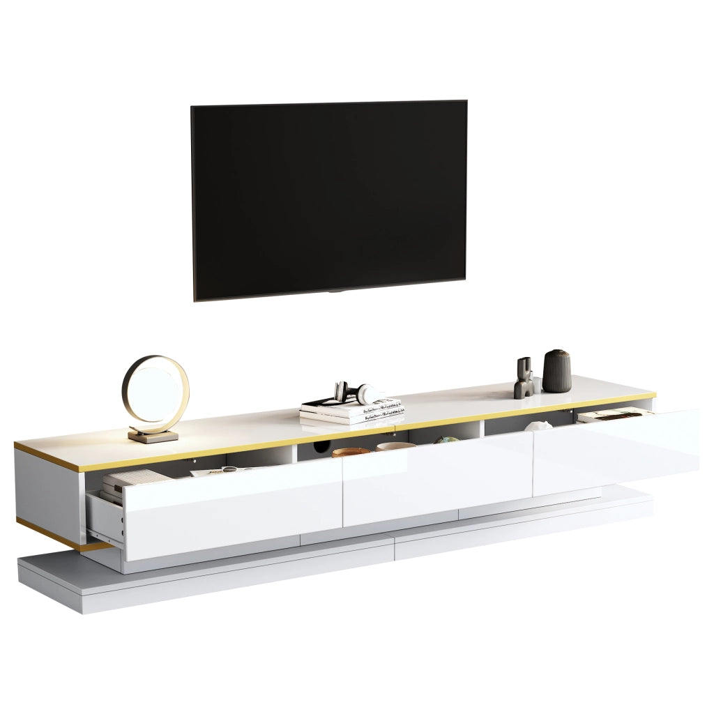 Mobile porta tv 200 cm bianco lucido con 3 cassetti e bordo dorato