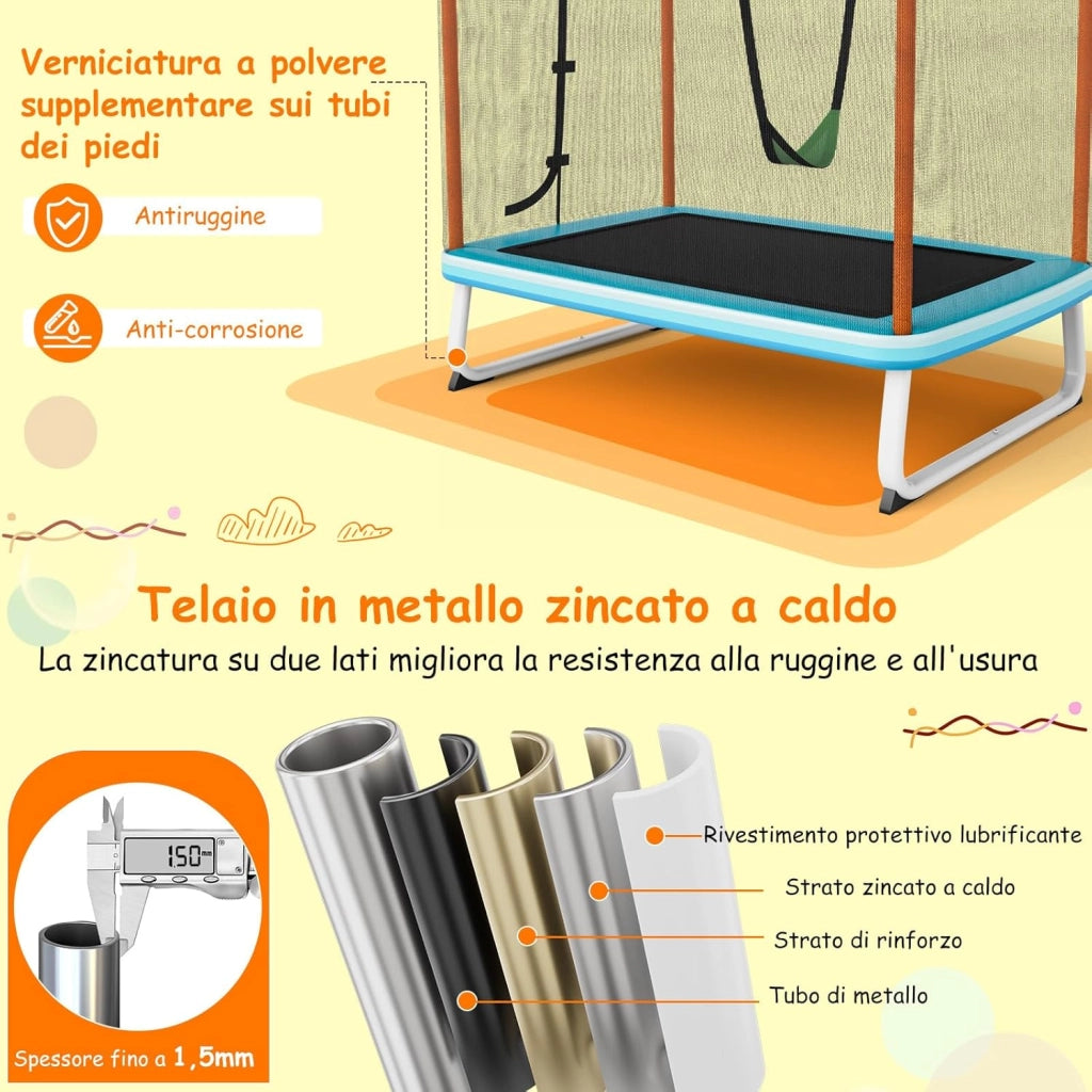 Trampolino Rettangolare per Bambini 3-in-1 190 x 124 cm, Tappetto Elastico per Bambini da Esterno ed Interno con Rete, Altalena, Barra, Copertura e Design senza Fessure