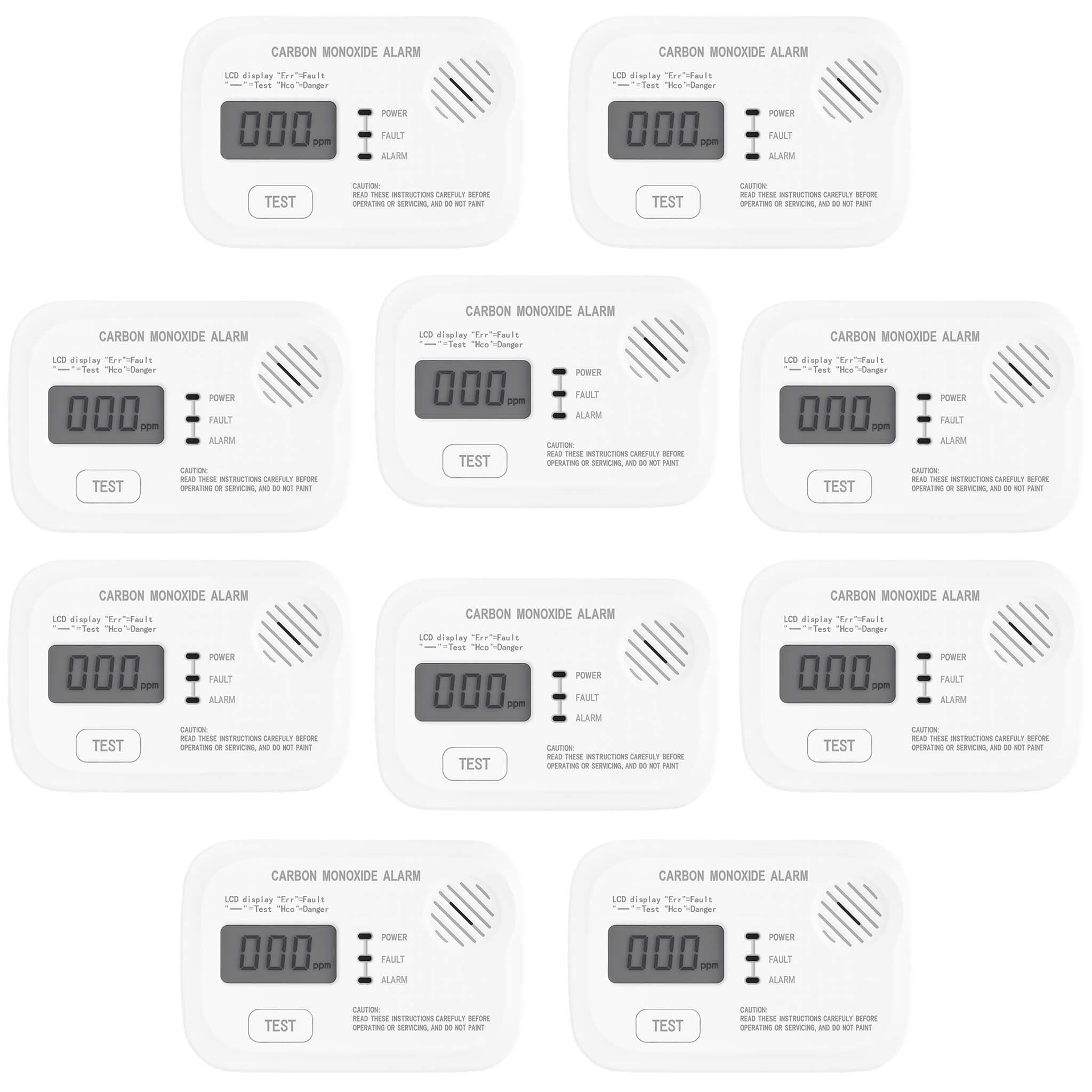 Set 10x Rilevatore monossido di carbonio con display 120 x 74 x 31 mm, allarme CO con batterie sostituibili incluse