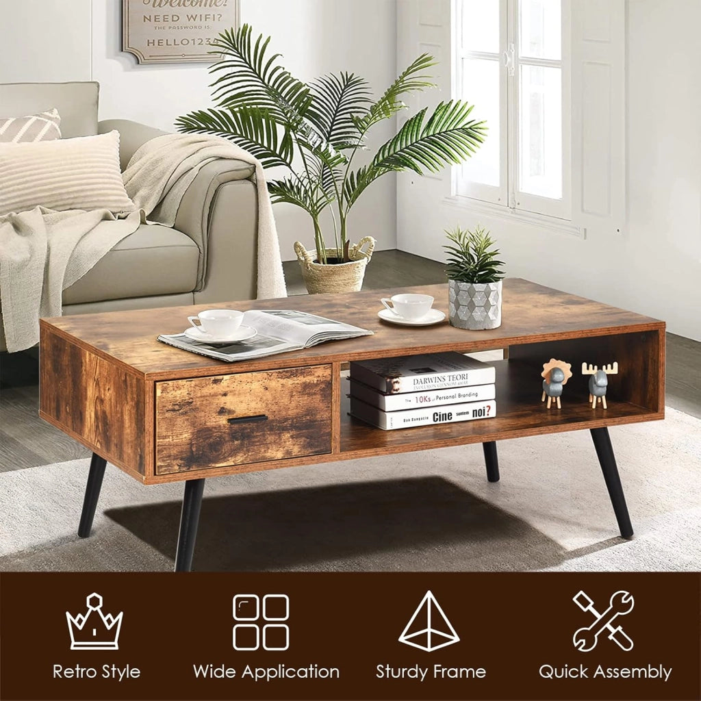 Tavolino Basso con 1 Cassetto, Tavolino Vintage di Ripiano in Legno, con Ampio Spazio di Stoccaggio, Portata di 30 kg, Mobile TV con 4 Gambe in Pino, 109 x 55 x 44,5 cm