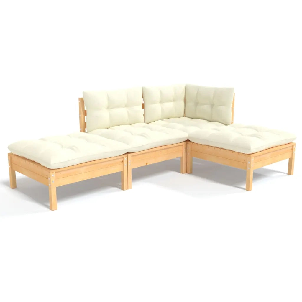 Set Divani da Giardino 4 pz | Set Salotto da Giardino con Cuscini Crema Massello di Pino