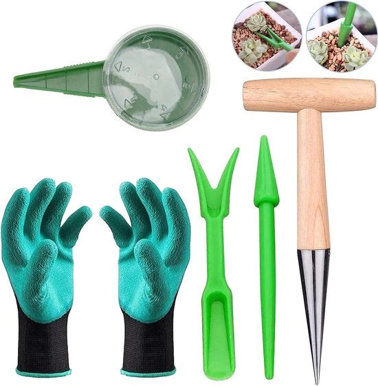 Set di piantagione 5 in 1 con asta piqueer, attrezzo da giardino e macchina da semina, contenente contenitore per piante e guanti per la piantagione.