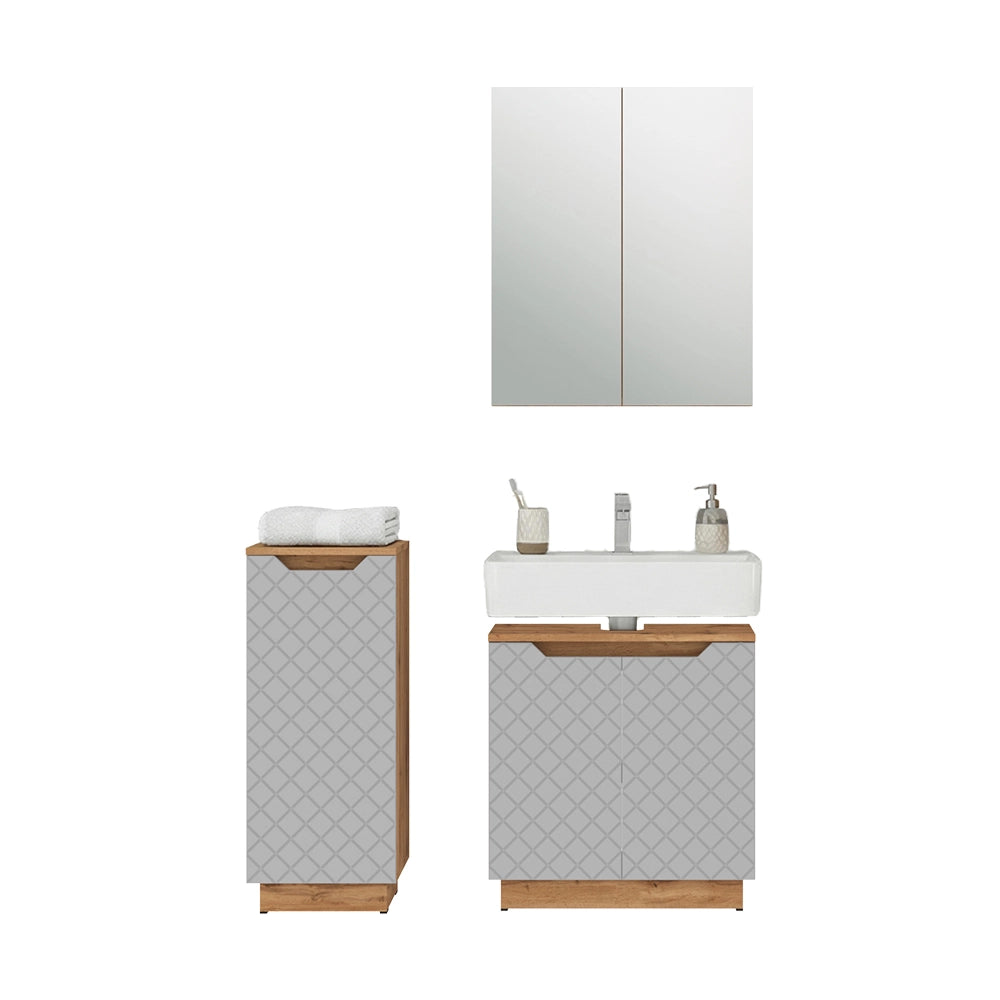 Vicco Set di mobili da bagno Rovere/grigio con struttura in piastrelle 3 parti