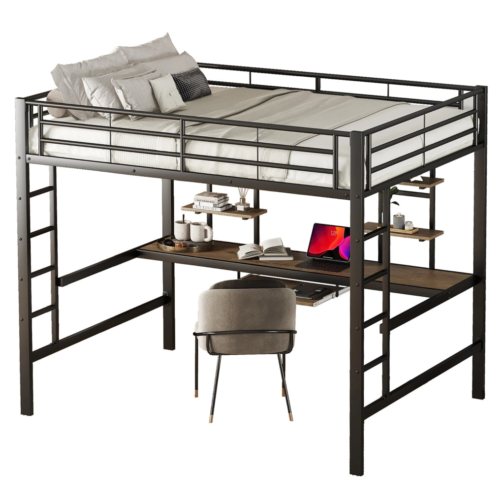 Letto a soppalco in metallo con scrivania e due scaffali, 140x200 cm, nero