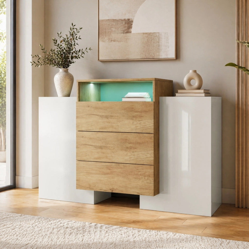 Credenza 140 cm in MDF bianco lucido e colore legno con LED multicolore; 2 ante e 3 cassetti