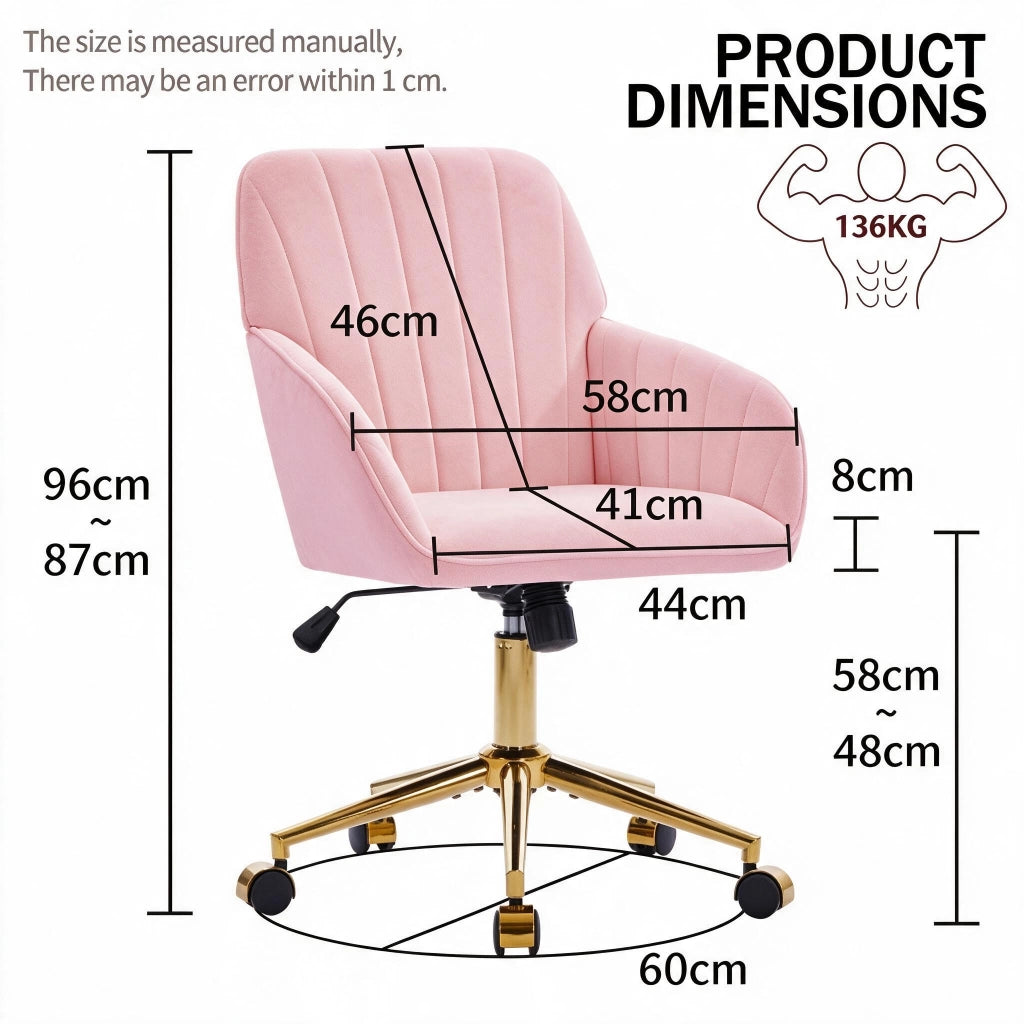 Sedia da ufficio girevole con altezza regolabile, schienale ergonomico e ruote a 360° per casa e studio, in velluto rosa