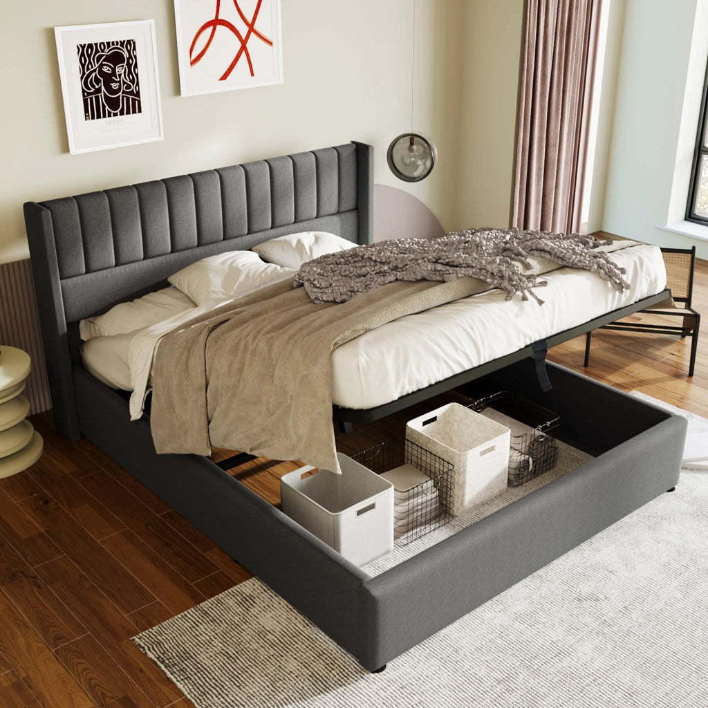 OKWISH Letto Contenitore 180×200 cm, Letto Matrimoniale con Contenitore, Testiera Imbottita e Doghe, senza Materasso, in Lino, Grigio