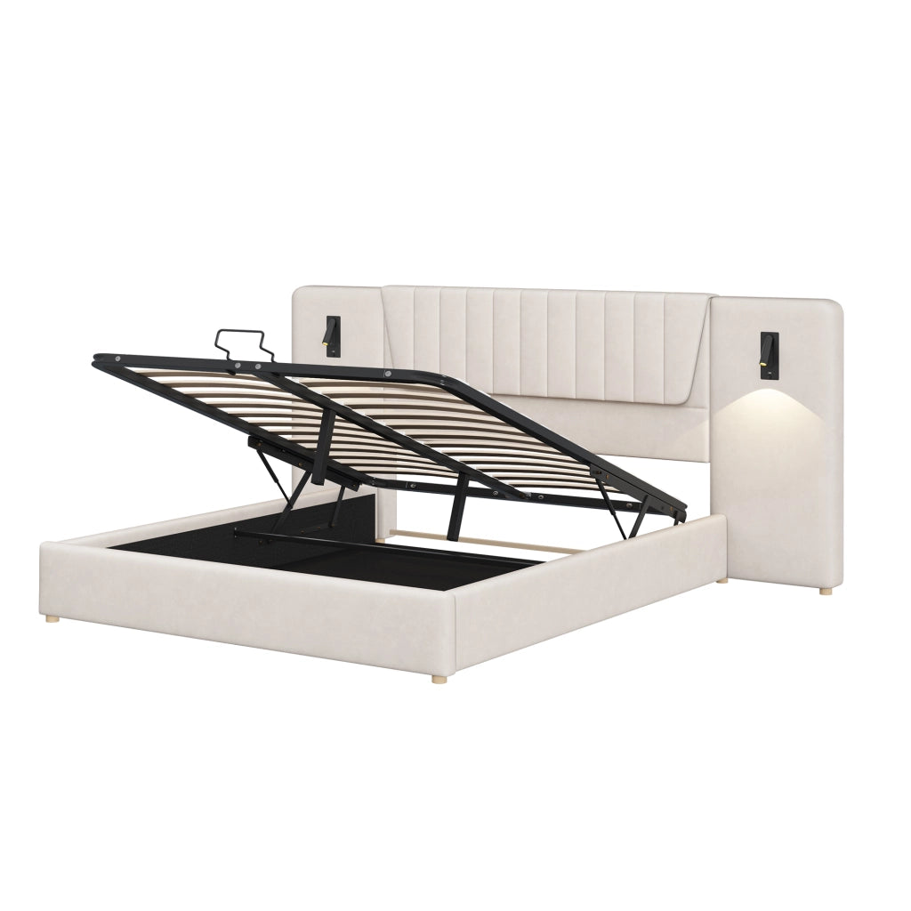 Letto Contenitore Matrimoniale Imbottito ¨C MINIMAL ¨C Velluto Beige, Idraulico, LED, USB, 180x200