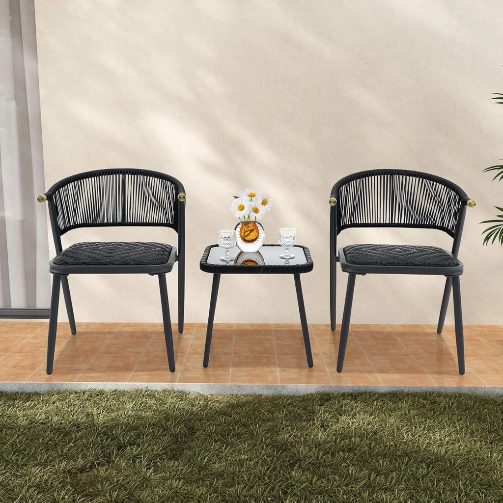 Set di mobili da giardino 3 pezzi, set da bistrot in rattan, 2 sedie imbottite e tavolino da caffè con piano in vetro temperato, per terrazza, patio, balcone, colore nero