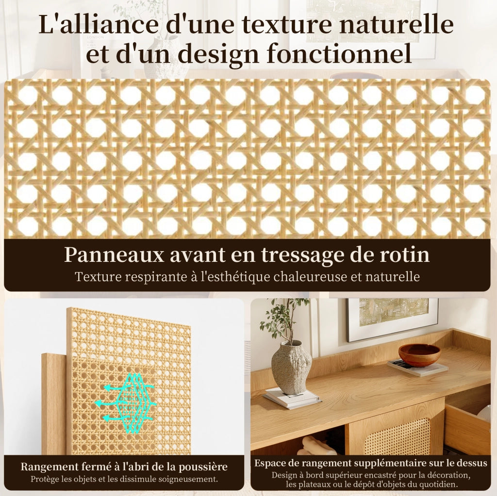 Credenza con fronti effetto rattan 120x40x91 cm in MDF colore rovere; con 3 ante e 1 cassetto