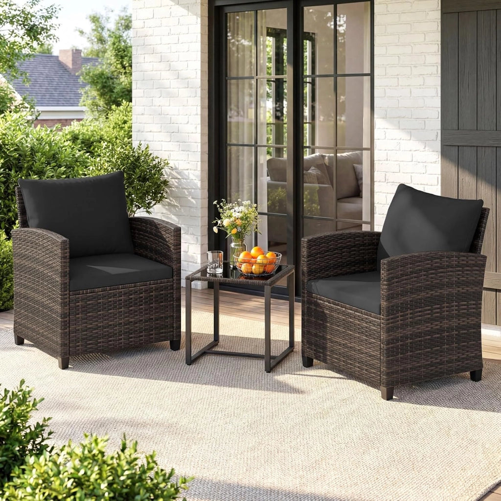 Set Mobili da Giardino 3 Pezzi, Salotto da Esterno in Rattan PE con 2 Poltrone e 1 Tavolino in Vetro Temperato, Set da Conversazione con Cuscini Sfoderabili per Patio (Nero, Modello 5)