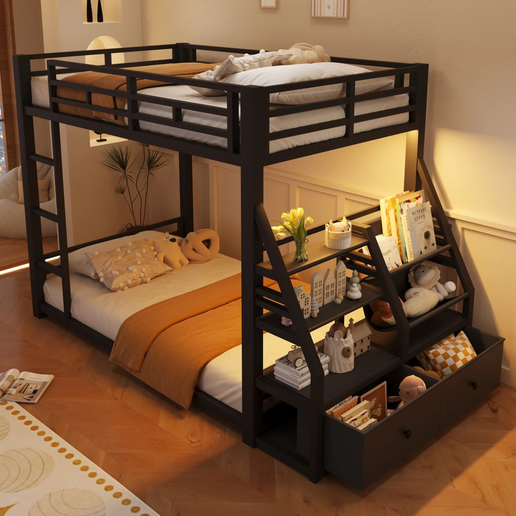 Letto a castello 90x200 cm salvaspazio con illuminazione LED e 2 cassetti in tessuto; metallo nero