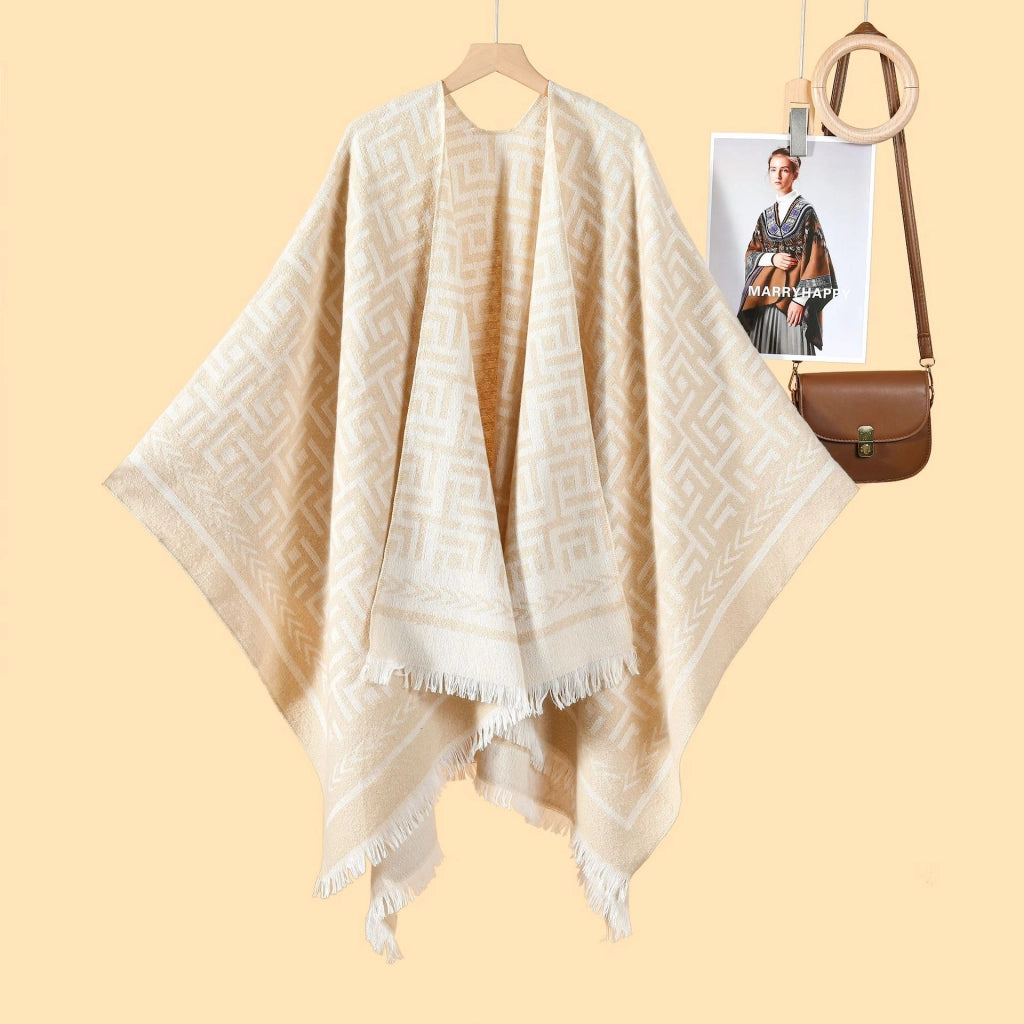 Nuovo mantello/cappotto caldo da donna in jacquard double face, stile pastorale, con spacco laterale.