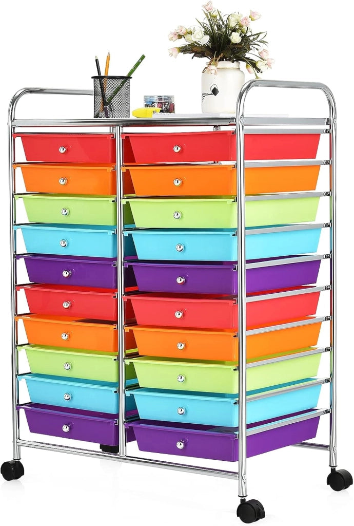 Carrello con 20 cassetti, impilabile, per cassetti, da cucina, bagno, ufficio, 64 x 39 x 88 cm (rosso + rosa)