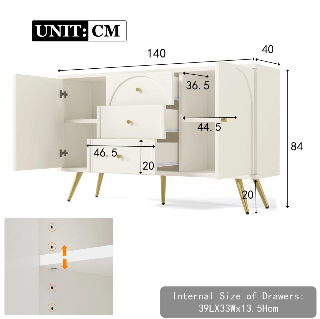 Credenza con 2 ante e 3 cassetti 140x40x84 cm; crema bianco; legno e metallo