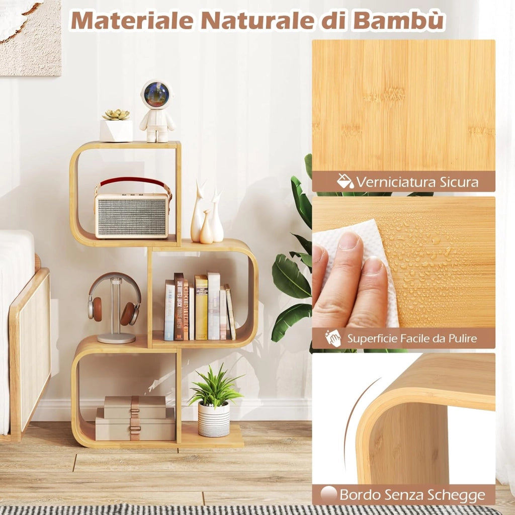 Libreria a 3 Cubi Forma di S, Libreria Bassa Scaffale in Bamboo, Libreria Design Moderna Salvaspazio Piccola da Terra, per Soggiorno, Studio e Ufficio, 61 x 23 x 99 cm, Naturale (3 Livelli)