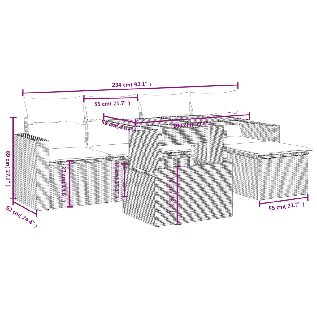 Set Divano da Giardino 6 pz con Cuscini Nero in Polyrattan 3271287