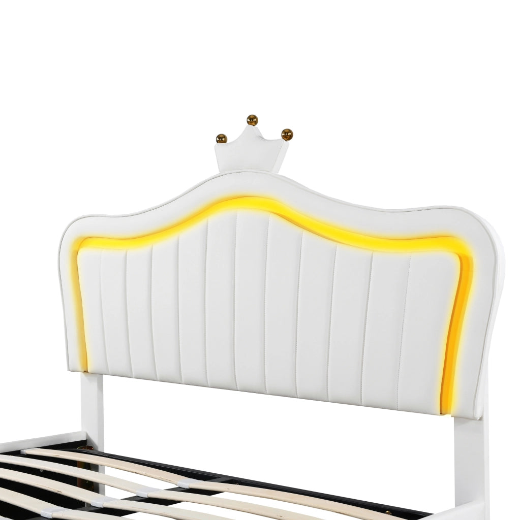 Letto imbottito per bambini 140x200 cm con contenitore; LED e testiera a conchiglia in PU bianco