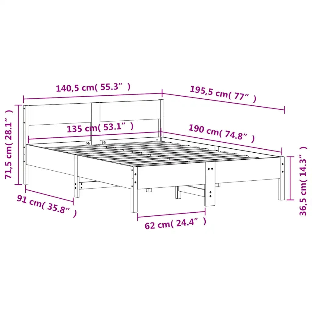 Letto senza Materasso Marrone Cera 135x190 cm in Legno di Pino 842773