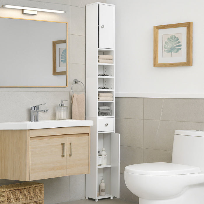 Mobile Bagno a Colonna Slim 20x20x180 cm con 2 Ante 1 Cassetto 5 Ripiani in Legno Bianco