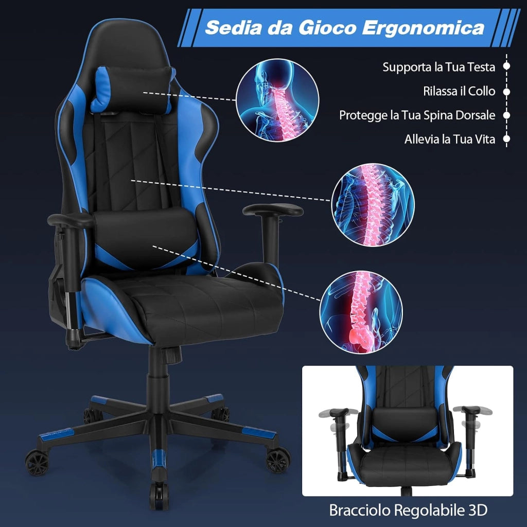 Sedia da Gaming Girevole a 360°, Sedia Ergonomica per Computer per Gaming con Poggiatesta e Cuscino Lombare, Angolo Reclinabile Regolabile (Blu)