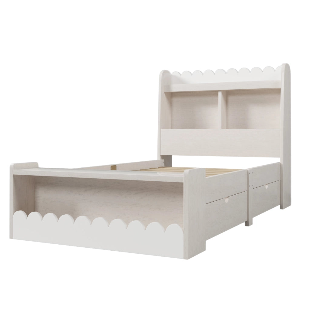 Letto singolo 90x190 cm con cassetti, mensole e contenitore, struttura in legno, bianco e rovere