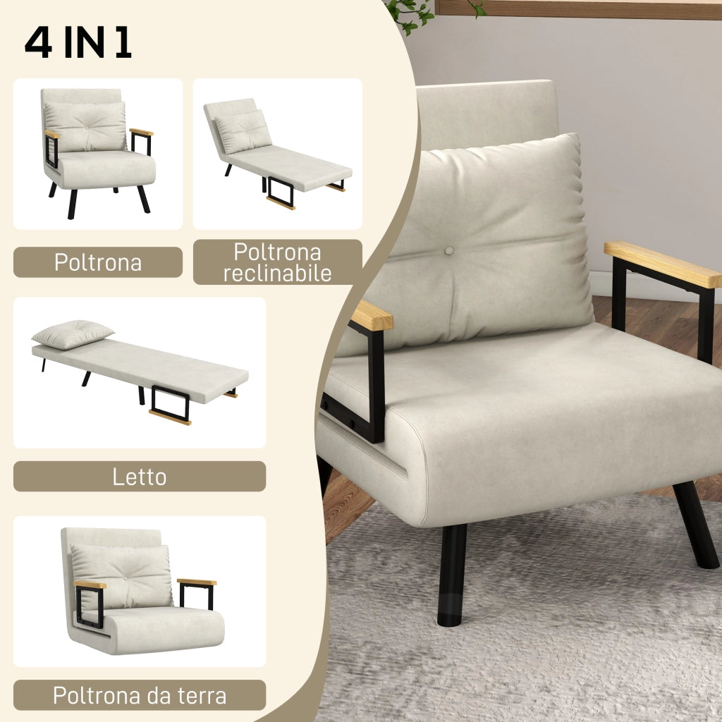Poltrona Letto 3 in 1 con Schienale Reclinabile e Cuscino, in Tessuto Effetto Velluto, 63x73x81 cm, Crema
