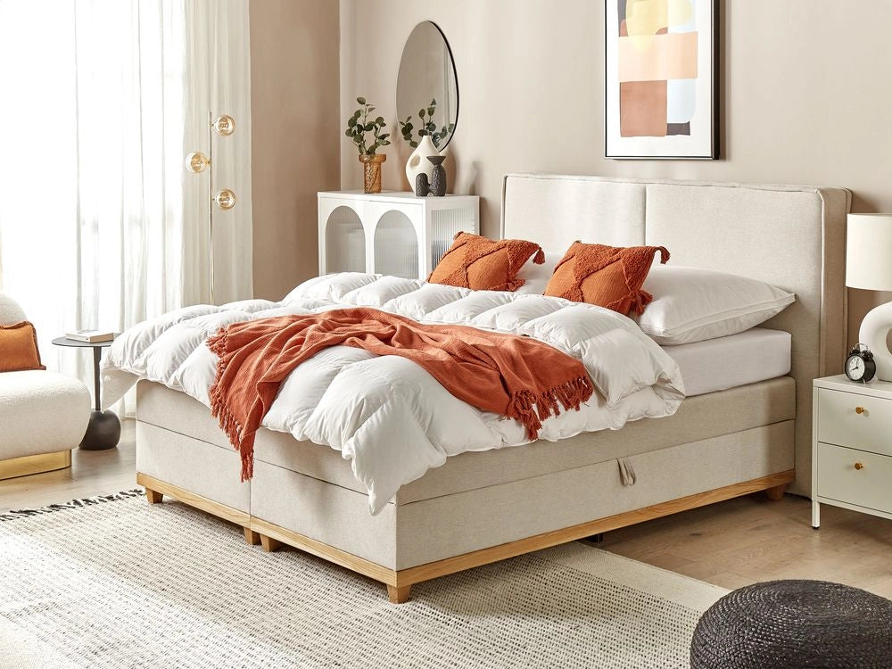 Divano letto king size UE con contenitore 160 x 200 cm Rivestimento beige con materasso a molle Bonell