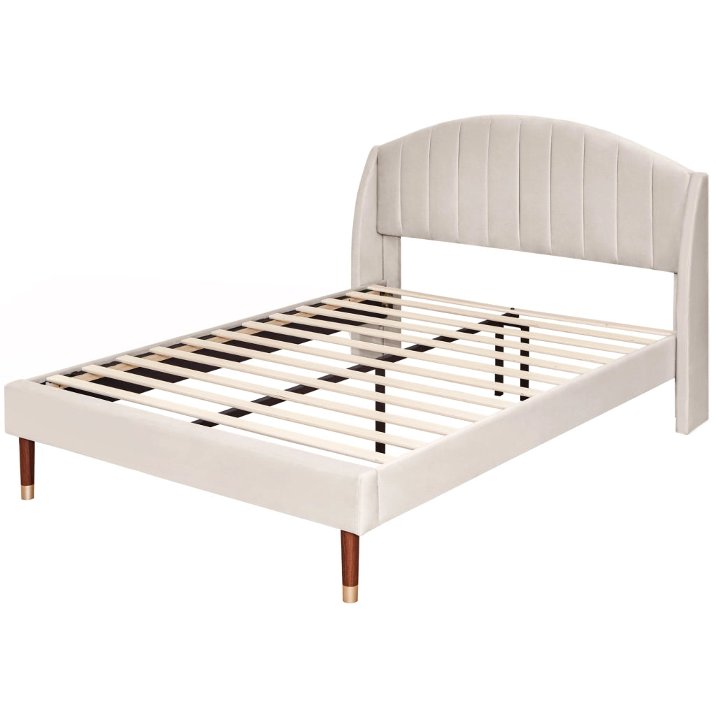Letto imbottito 140x190 cm con sommier a doghe; testiera e rivestimento in velluto beige