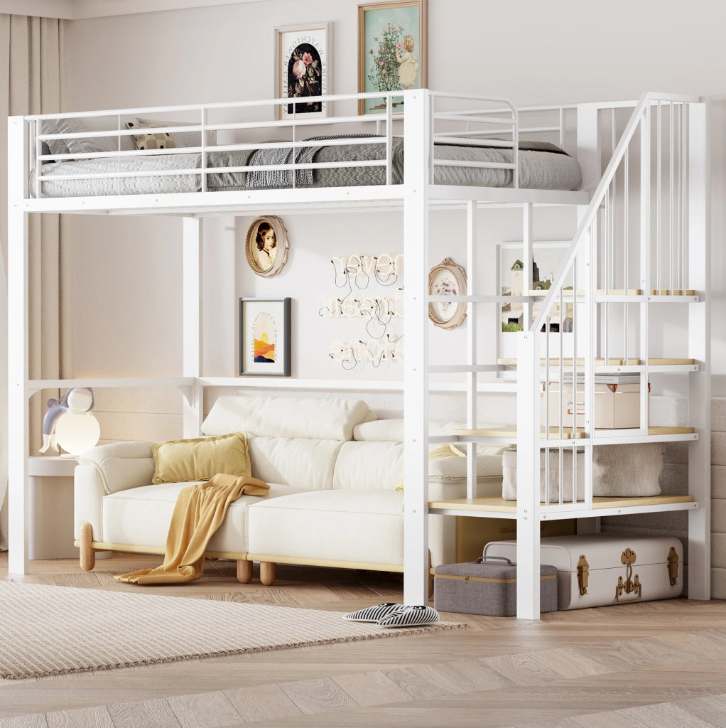 Letto a soppalco 90x200 cm in metallo e legno; con scala e spazio contenitore; bianco