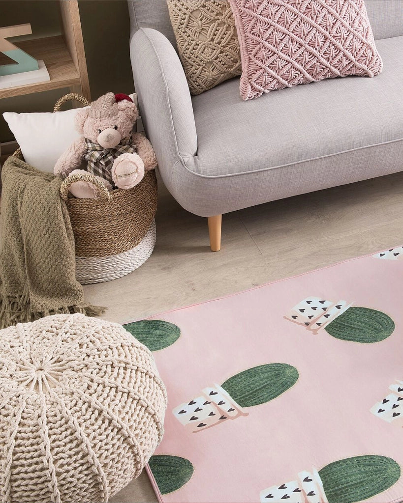Tappeto tappetino Rosa e Verde Stampato Cactus 80 x 150 cm pelo corto per Bambini