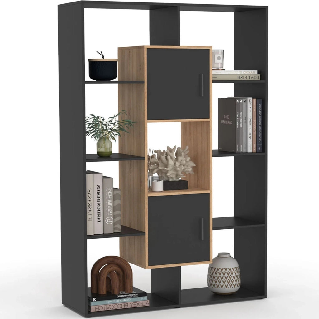 IDMarket - Estantería COLETTE con 11 compartimentos y 2 compartimentos negros y efecto madera H.143 cm