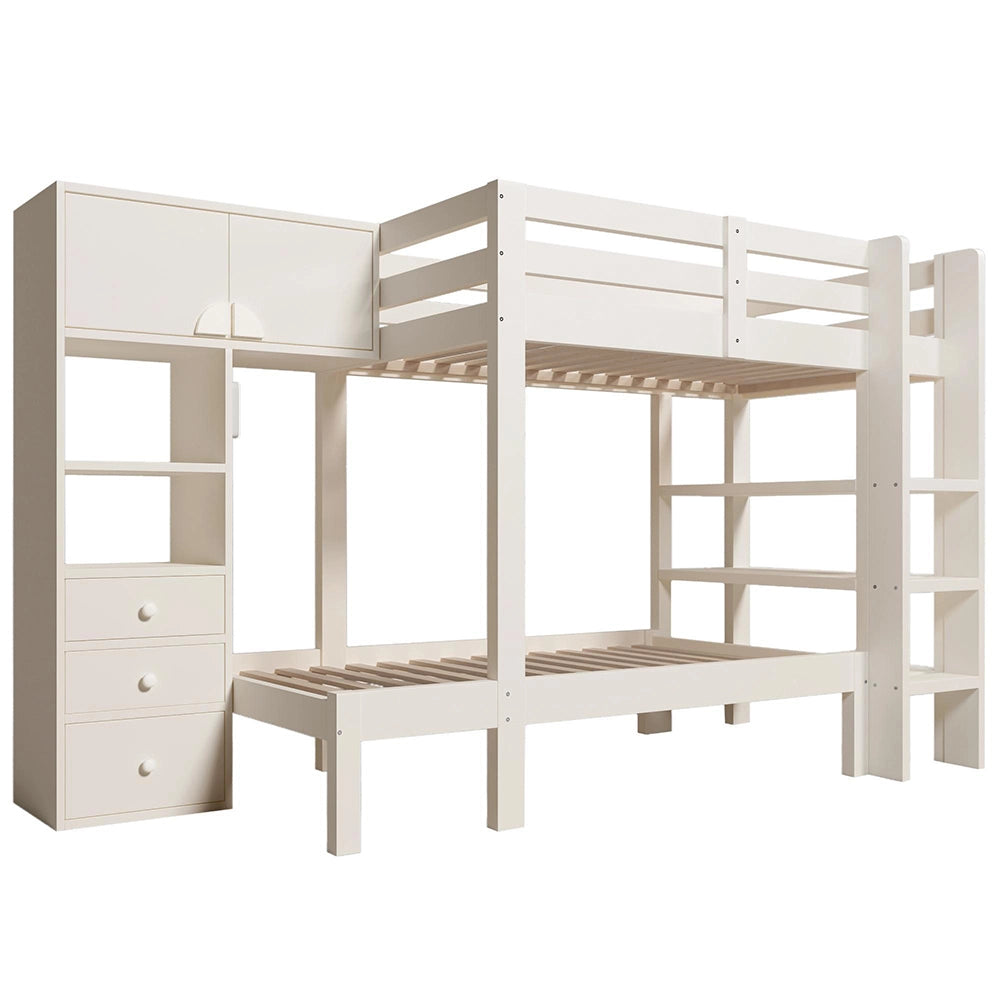 Letto a castello-Xylo-90x200cm, luce notturna, armadio, scaffale, bianco