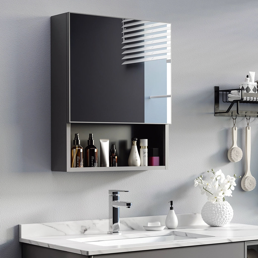 Specchio pensile da bagno in acciaio inox con 3 vani interni, montaggio a parete, 46x13,5x58 cm, nero