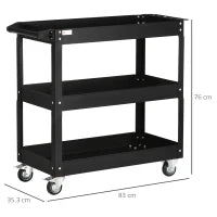 DURHAND Carrello Porta Attrezzi a 3 Livelli in Acciaio con Bordi Alti e 4 Ruote Girevoli, 83x35.3x76 cm, Nero