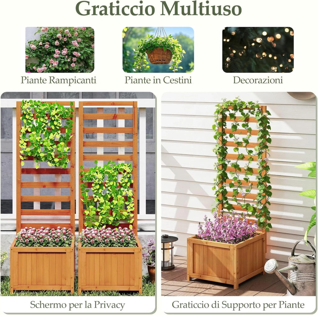 Letto da Giardino Rialzato in Legno con Traliccio, Fioriera Elevata con Fori di Drenaggio & Spazi per Piante Rampicanti, Viti, Fiori, Verdure, Fioriera per Interni ed Esterni (Arancione)