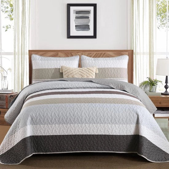 Bedsprei 240x260 a strisce grigio-bruno 3-delig Tweepersoonsbed Gewatteerd Dekbed Microvezeldeken con 2 cuscini con copri 50x75 per camera da letto e divano