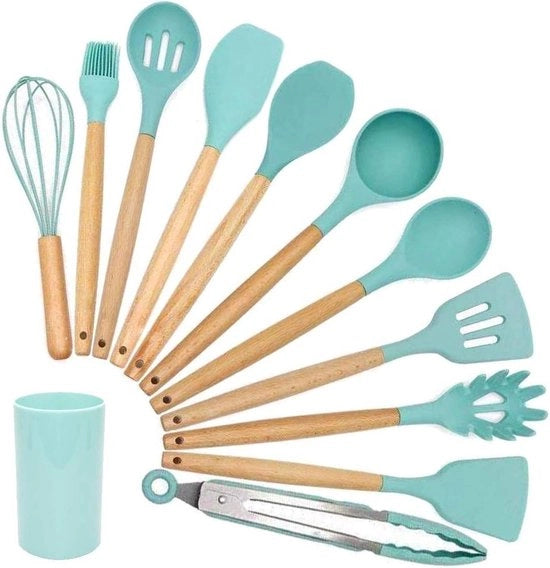 Set di accessori da cucina da 12 pezzi, rivestimento antitraslamento termoresistente, impugnatura ergonomico in legno - BPA libero (verde)