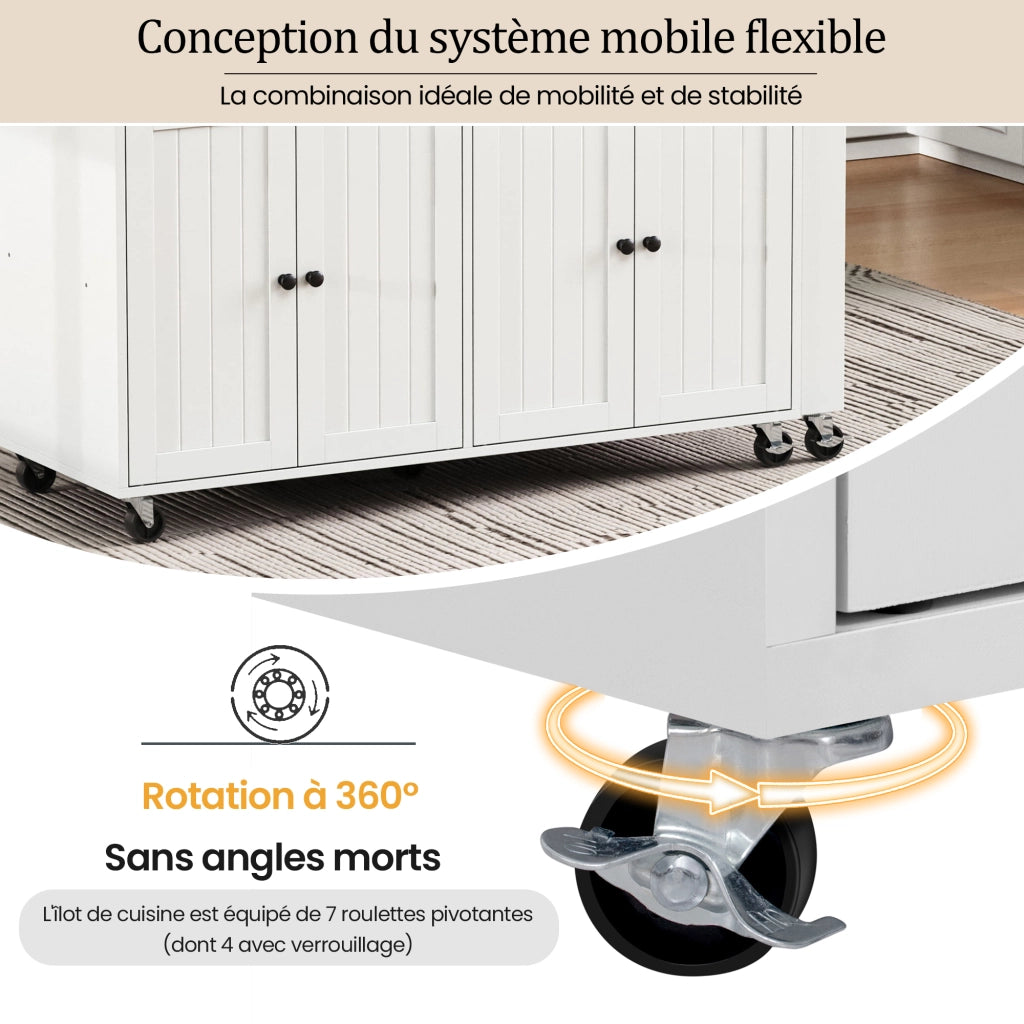 Carrello da Cucina con Piano Estensibile e Vani Contenitivi su Ruote per Cucina in MDF 112-180;5×45×92;2 cm Bianco