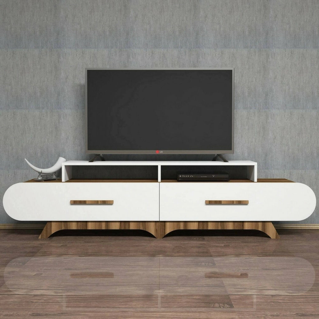 Mobile porta TV Massima, Credenza da soggiorno, Armadio basso per TV, Base parete attrezzata, 205x37h50 cm, Noce e Bianco