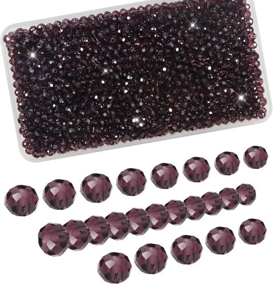 Serie di 1000 glas perle in vetro, 4 mm, con faccette, in cristallo scuro porpora, per gioielli fai da te, con contenitore trasparente per la conservazione.