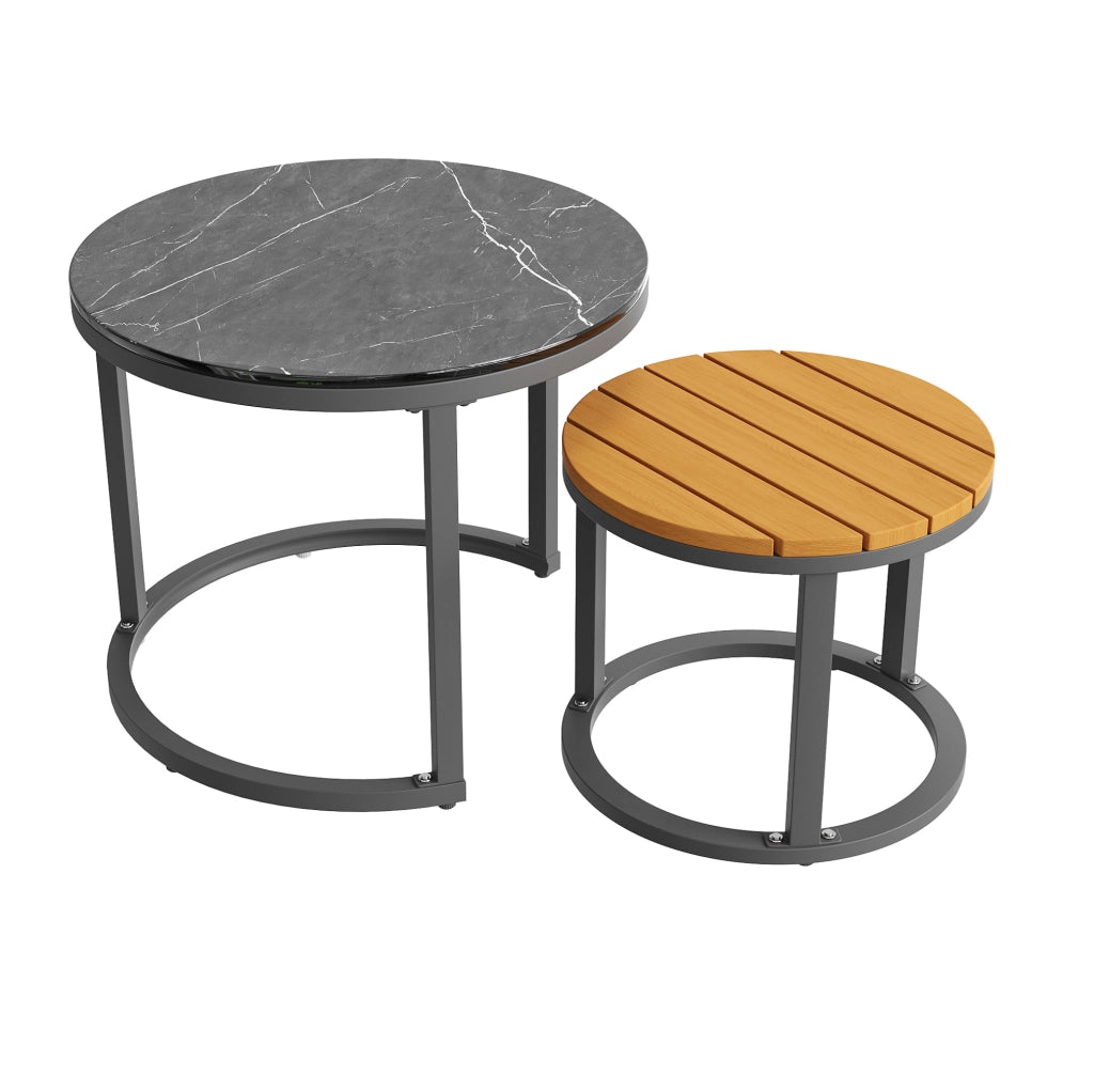 Set lounge da giardino modulare con 2 tavoli; cuscini da 8 cm; metallo e olefin; grigio