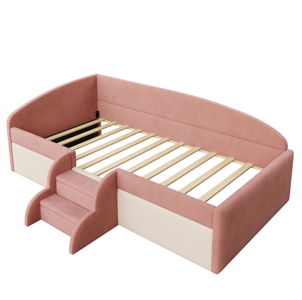 Letto imbottito per bambini 90x190 cm in velluto rosa e bianco; con scaletta e sponde