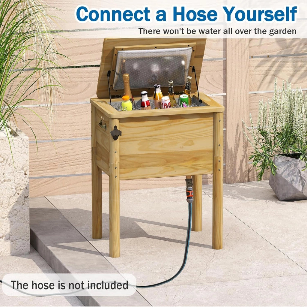 Frigorifero per rotelle, 51 l, bar all'aperto mobile 67 x 47 x 74 cm, tempo di mantenimento 2-4 ore, materiale in legno di pino solido, per giardino, terrazza, piscina, bistrot, naturale