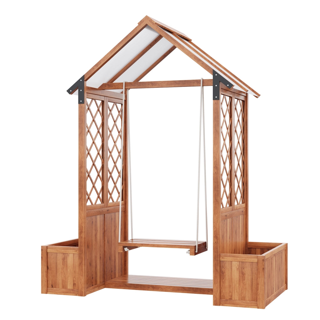 Panca da giardino con pergola in legno marrone per piante rampicanti e uso all'aperto