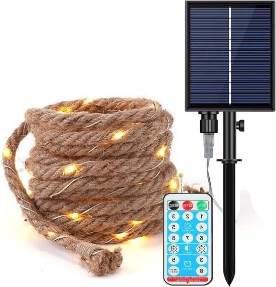 Illuminazione esterna LED con luce calda bianca - decorazione con corda di juta impermeabile per giardino, terrazza e uso interno con telecomando a 8 modalità