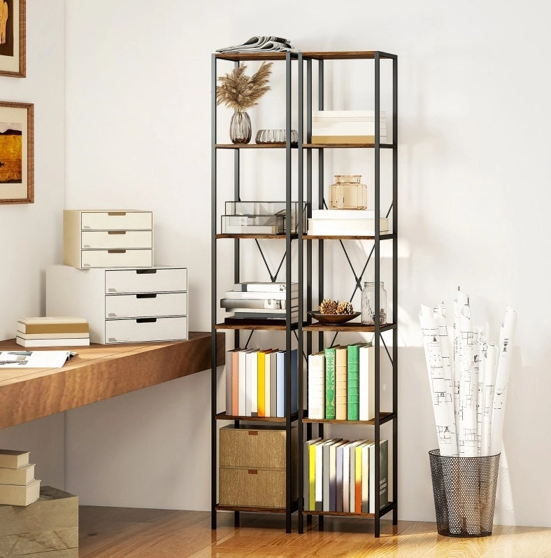 Set di 2 librerie a 6 ripiani in legno marrone rustico con struttura stabile salvaspazio