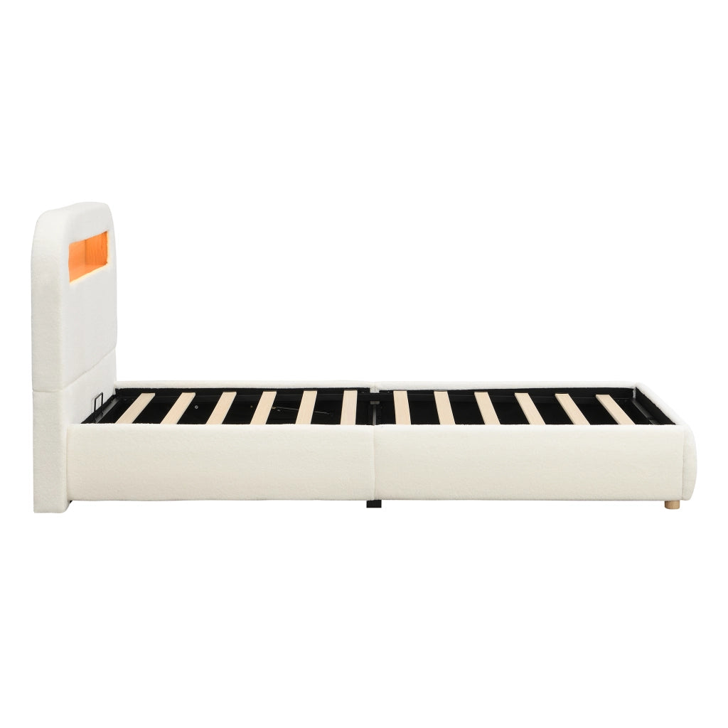 Letto singolo imbottito 90x200 cm con contenitore idraulico, LED e rete a doghe, bianco bouclé