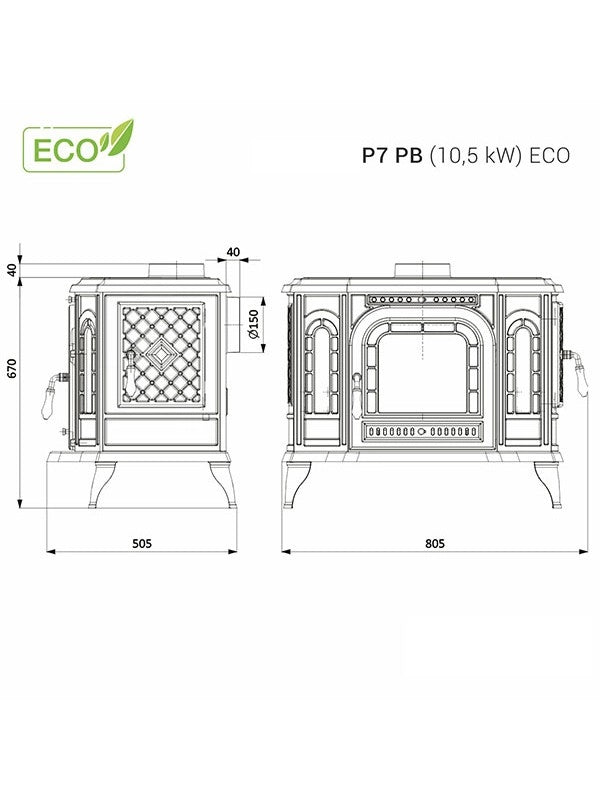 Stufa a legna in ghisa a libera installazione Apertura Destra - P7 (10,5 KW) ECO