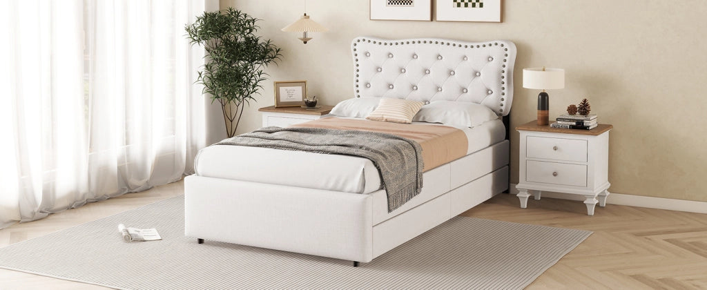 DESMIU Lit simple 90 × 200 cm con 2 cassetti, testiera regolabile, senza materasso, in MDF, beige chiaro